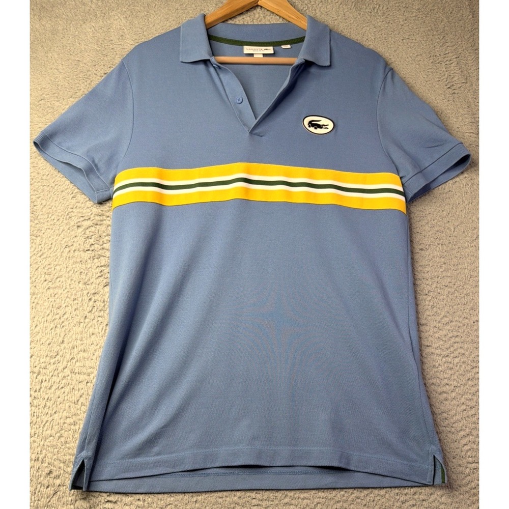 Lacoste Shirt Mens Medium Solid Blue Yellow Short Sleeve Regular Fit Polo Shirt